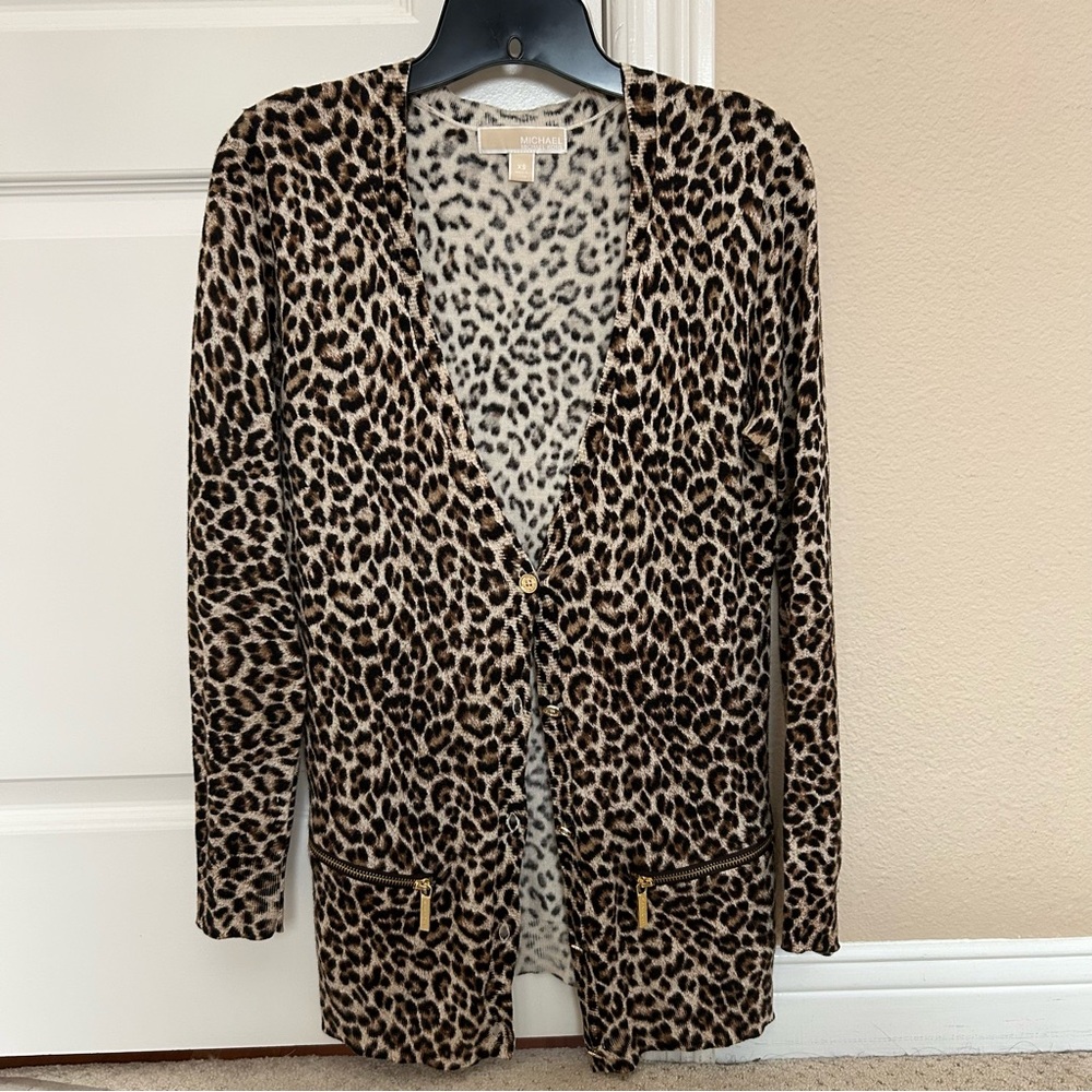 Michael Kors Leopard Cheetah Print Cardigan with Gold Details and Zipper Pockets
